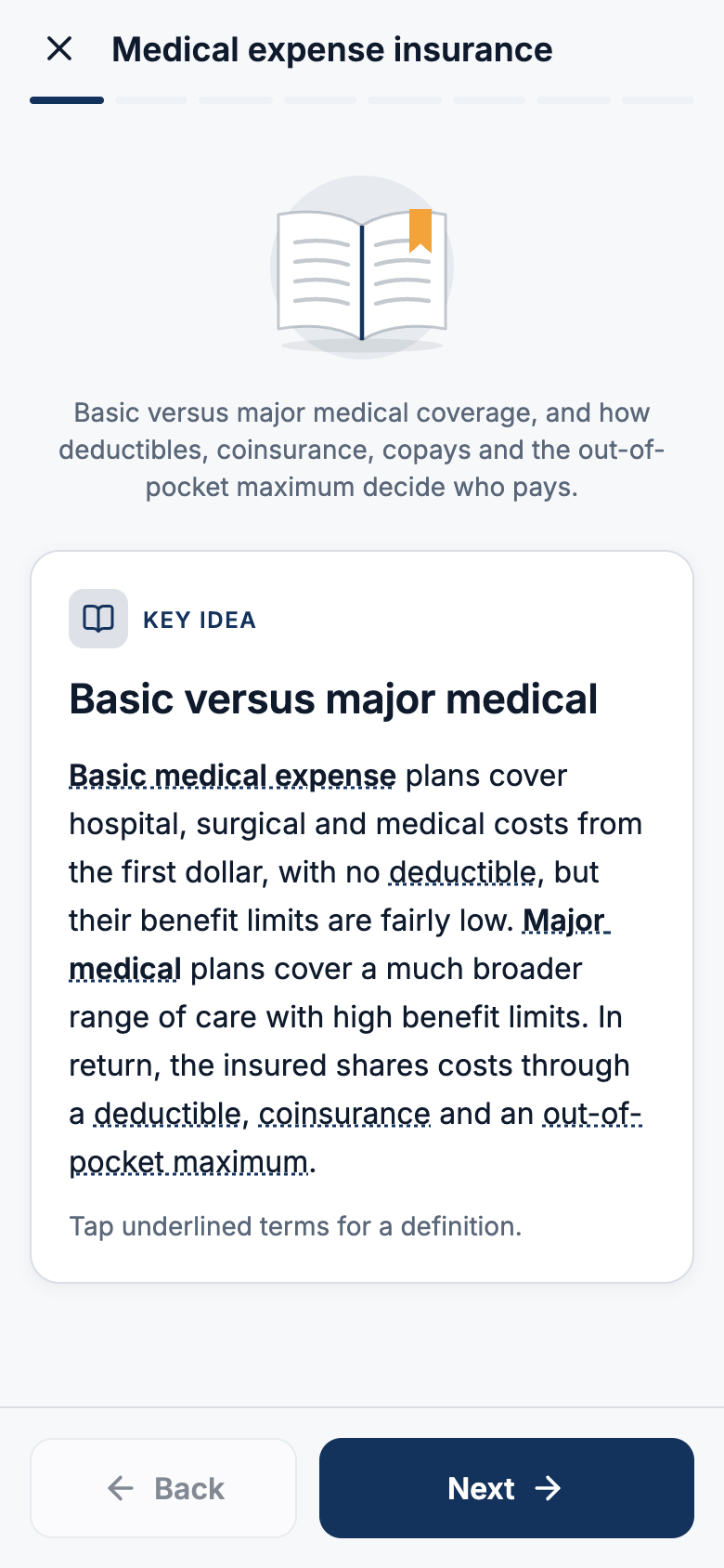 A Passbinder lesson card on medical expense insurance